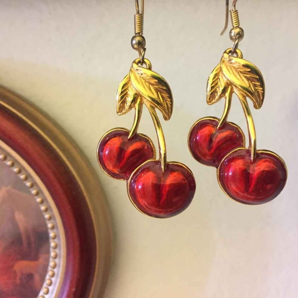 Avon Jewelry - Vintage Avon Gold Tone Red Cherry Hook Earrings